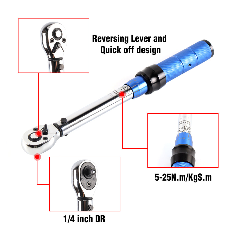 5-25N.m Torque Wrench 1/4'' Drive Two-way Ratchet Socket Spanner Adjustable Preset Torque Hand Tool